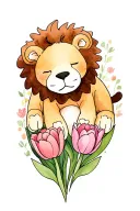 stuffed animal lion sleeping. surrounded by tulips. THICK black lines. flowers not attached tattoo design idea