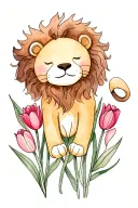 stuffed animal lion sleeping. surrounded by tulips. THICK black lines. flowers not attached tattoo design idea