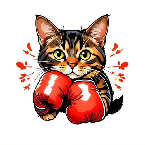 Tortoiseshell cat with boxing gloves tattoo design idea