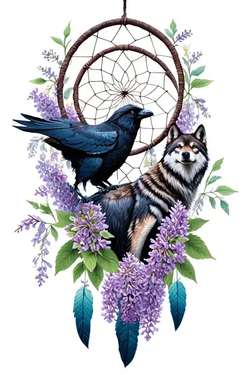 lilacs around a dreamcatcher with a wolf and raven tattoo design idea