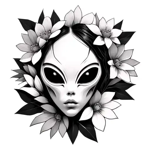 female alien face hidden within geometric flowers tattoo design idea