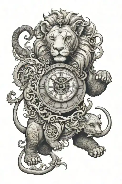 elephant lion clock tattoo design idea