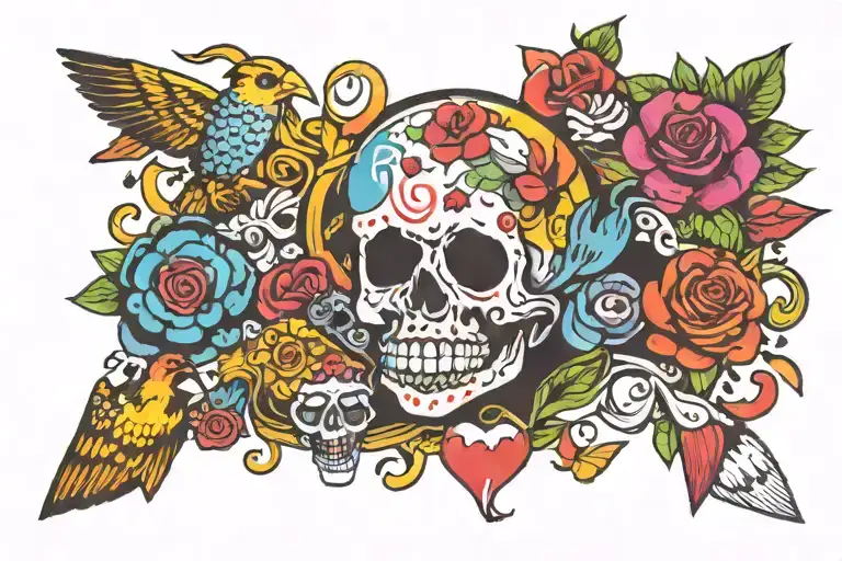 Imagine a vibrant mural representing childhood nostalgia from the late '80s to early 2000s. tattoo design idea