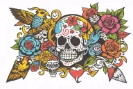 Imagine a vibrant mural representing childhood nostalgia from the late '80s to early 2000s. tattoo design idea