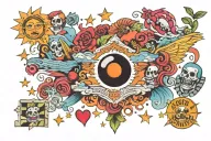 Imagine a vibrant mural representing childhood nostalgia from the late '80s to early 2000s. tattoo design idea