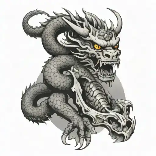 Japanese dragon sitting on a skull tattoo design idea