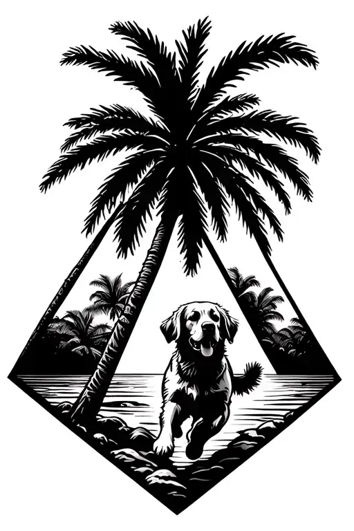 Palm tree on left and right, silhouette of golden retriever running, ocean in back, in a diamond geometric shape  tattoo design idea