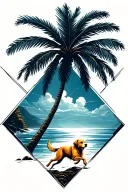 Palm tree on left and right, silhouette of golden retriever running, ocean in back, in a diamond geometric shape  tattoo design idea