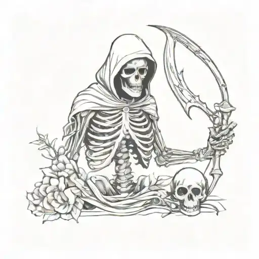 hooded reaper skeleton holding a heart and a brain with scythe behind tattoo design idea