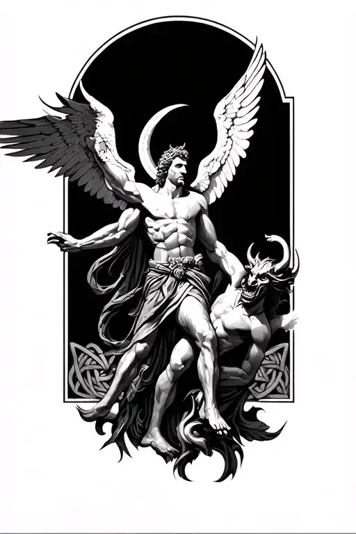 saint Michael the archangel slaying Satan in a celtic style tattoo design idea