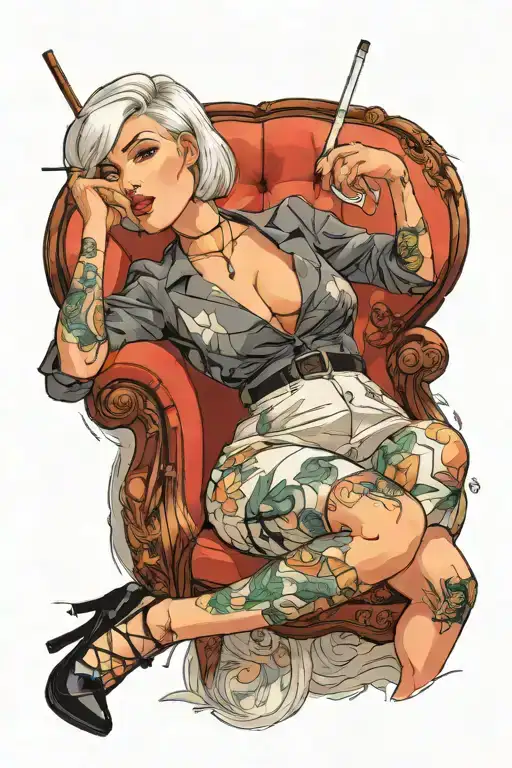Sexy Woman, short white bob hairstyle, Petite Body, massive cleavage, Thick Thighs, Big booty, Smoking cigarette tattoo design idea