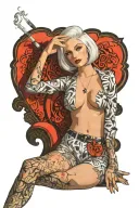 Sexy Woman, short white bob hairstyle, Petite Body, massive cleavage, Thick Thighs, Big booty, Smoking cigarette tattoo design idea