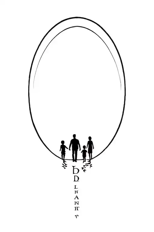 full circle with a silhouette of a man and three children and oak forest. remove letters tattoo design idea