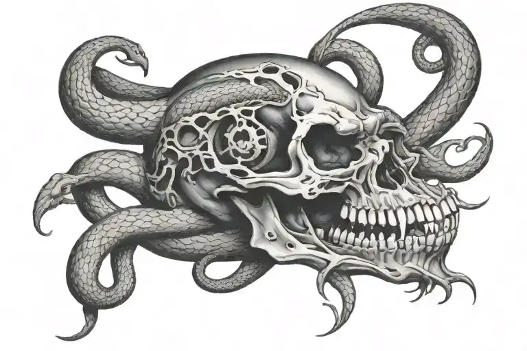 snake going through a skull face tattoo design idea