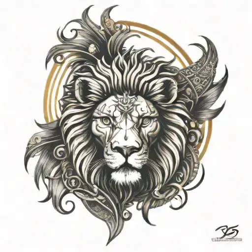 Radiant sun with Lion head in center. The lion's right eye is the Eye of Horus and the left eye is the Eye of Ra tattoo design idea