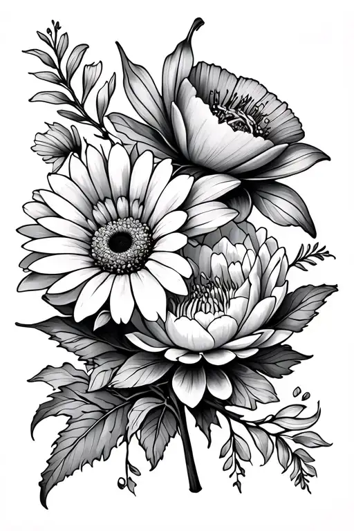 1 Marigold, 1 Daisy, 1 poppy, 1 lilium, 1 primrose, 1 carnation, 1 waterlily, and 1 peony flower tattoo for hip. tattoo design idea