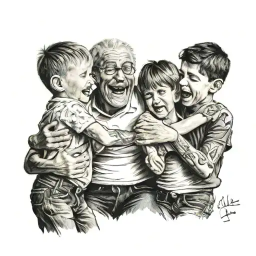 A realistic portrait of the client's two sons dancing together, with their father looking on with pride tattoo design idea