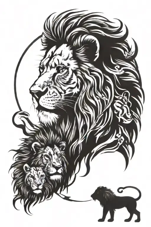 lion head background dad holding 3 childrens hands walking away tattoo design idea