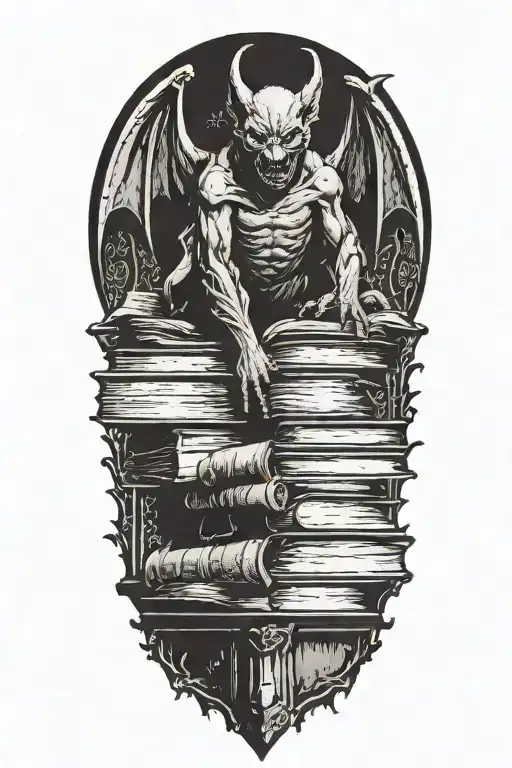 A bat gargoyle. Standing on a pile of corpses and books. Occultism, tortured souls tattoo design idea