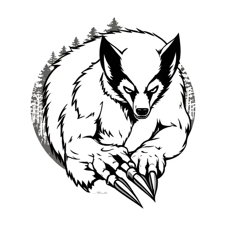 a gentle Wolverine animal in the wild showing its claws with the forest in the background tattoo design idea