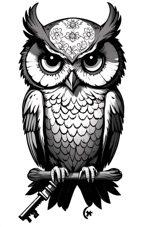 owl with a sugar skull on its chest holding a key in its claws  tattoo design idea