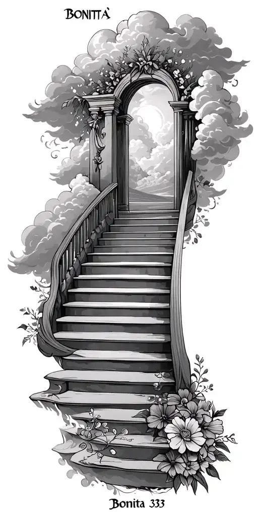 "Bonita 333" a staircase with clouds around it leading to a gate opening. on the bottom a bible verse with clouds around itandflowers tattoo design idea