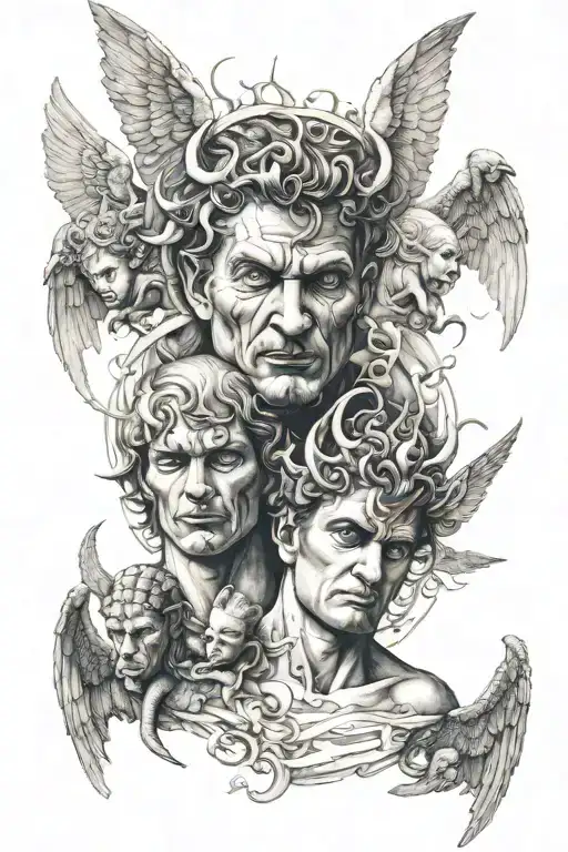 creates a scene of angels and demons, with cherubic angels at the top and demons with striking facial features at the bo tattoo design idea