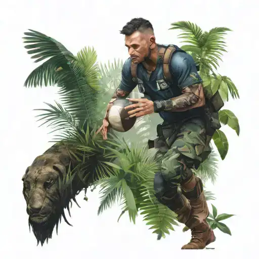 A government officer with a football jersey under their uniform, navigating through a dark jungle filled with gaming references tattoo design idea