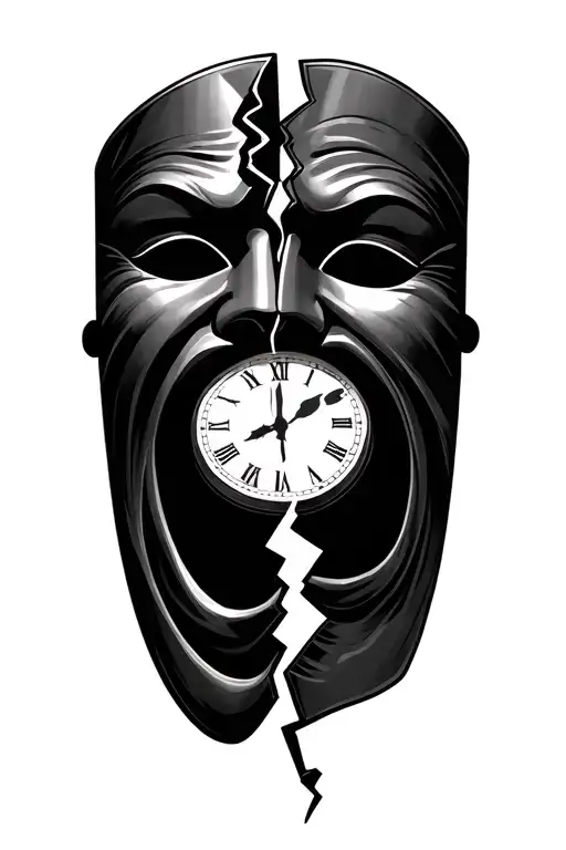 happy and sad theatre masks with a broken clock in the middle tattoo design idea