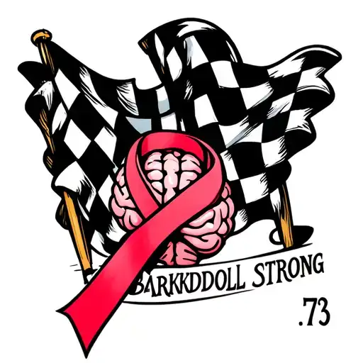 "Barkdoll Strong, 73" checkered flags and brain cancer ribbon wrapped tattoo design idea