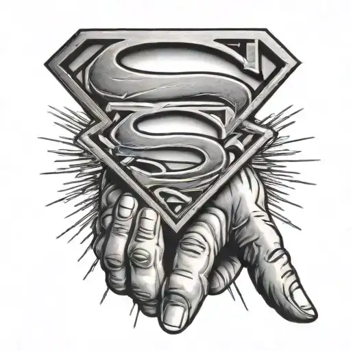 big hand holding superman logo surrounded tattoo design idea