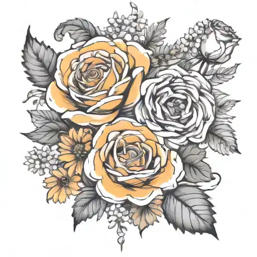 roses, daisys, asters, marigold flower tattoo design idea