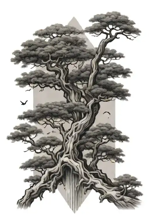 ancient Chinese trees and water tattoo design idea