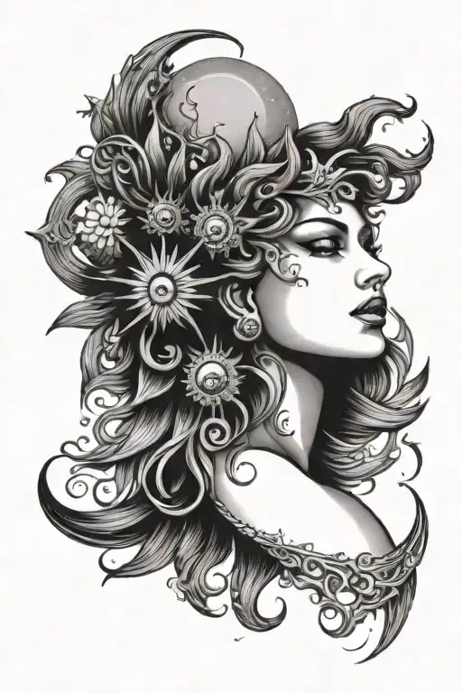 sun and moon goddess surrounded tattoo design idea