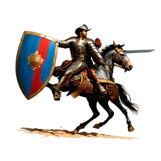 Cavalry charing on an armored horse wielding shield and sword tattoo design idea