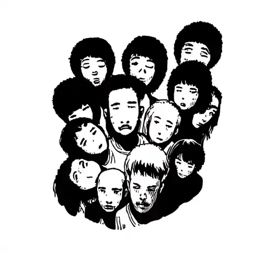 crowd of people with big heads and no faces tattoo design idea