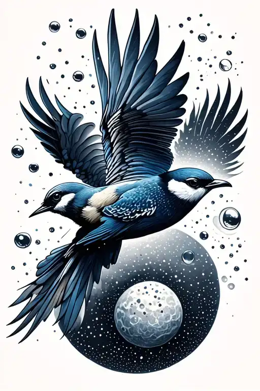 bird flying into the cosmos with bubble universes tattoo design idea