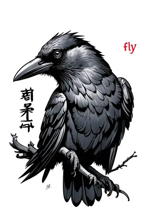 Crow with the words fly written in Japanese hiragana tattoo design idea