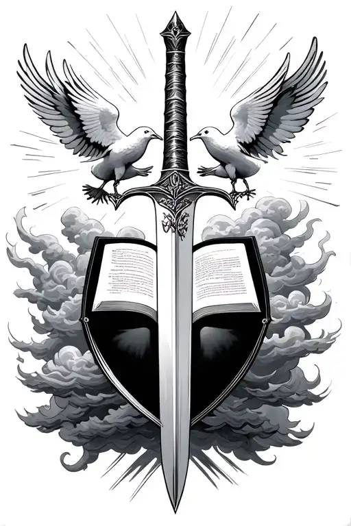 •	Textured shading on the Bible, sword, and shield	•	Layered clouds and radiant light beams	•	Doves with feather detai tattoo design idea
