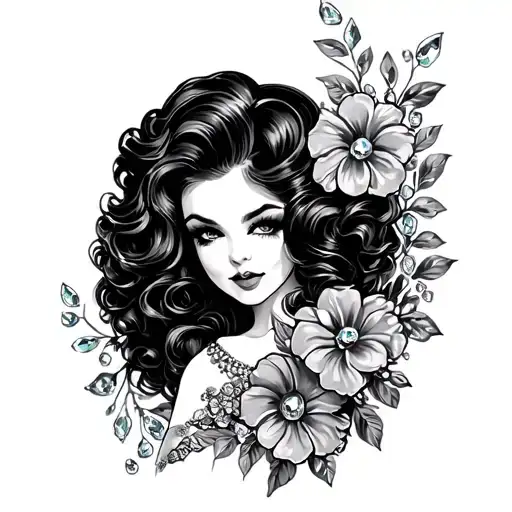 curvy pinup girl with curly hair and flowers and gem stones tattoo design idea