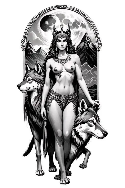 sexy Artemis goddess topless standing with a Wolf with a backdrop of mountains and a hunters moon  tattoo design idea