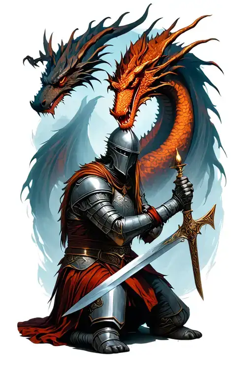 A defeated knight on his knees and a sword in his hands with a dragon on the background hovering over the defeated knigh tattoo design idea