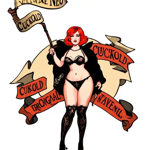 A very very voluptuous woman with short red hair in lingerie holding a riding crop and banners around her saying cuckold tattoo design idea