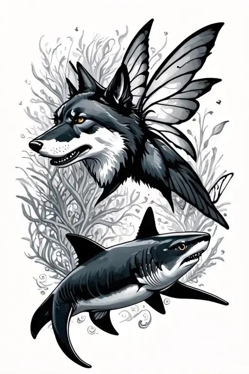a black reef shark and a Wolf and a fairy  tattoo design idea