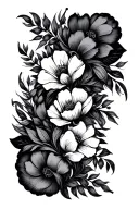 Mid-century modern furniture with a minimalistic style. fine line work. geometric floral pattern flowing around  tattoo design idea