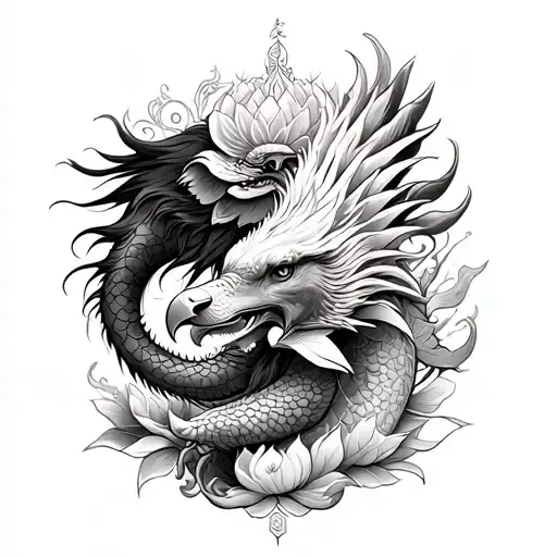 Japanese dragon ,elephant, lion, eagle ,lotus flower,koi fish and hamsa hand tattoo design idea