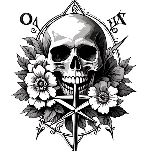 skull and compass with flowers intertwined tattoo design idea