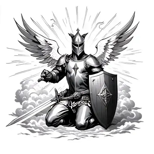 heaven rays clouds templar kneeling knight with sword and shield with phoenix in back ground tattoo design idea