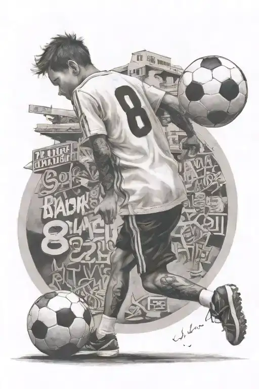 Boy walking backwards with soccer ball under his arm and an 8 on the back of his shirt tattoo design idea