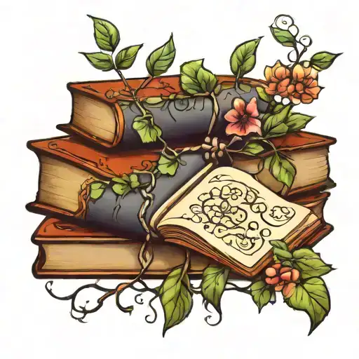 books with branches of ivy and willow tree and flowers  tattoo design idea